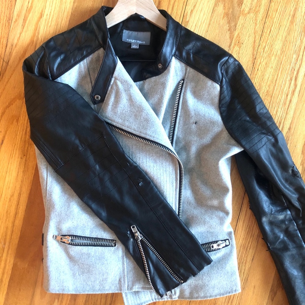 Vegan Leather Sleeved Grey Moto Jacket